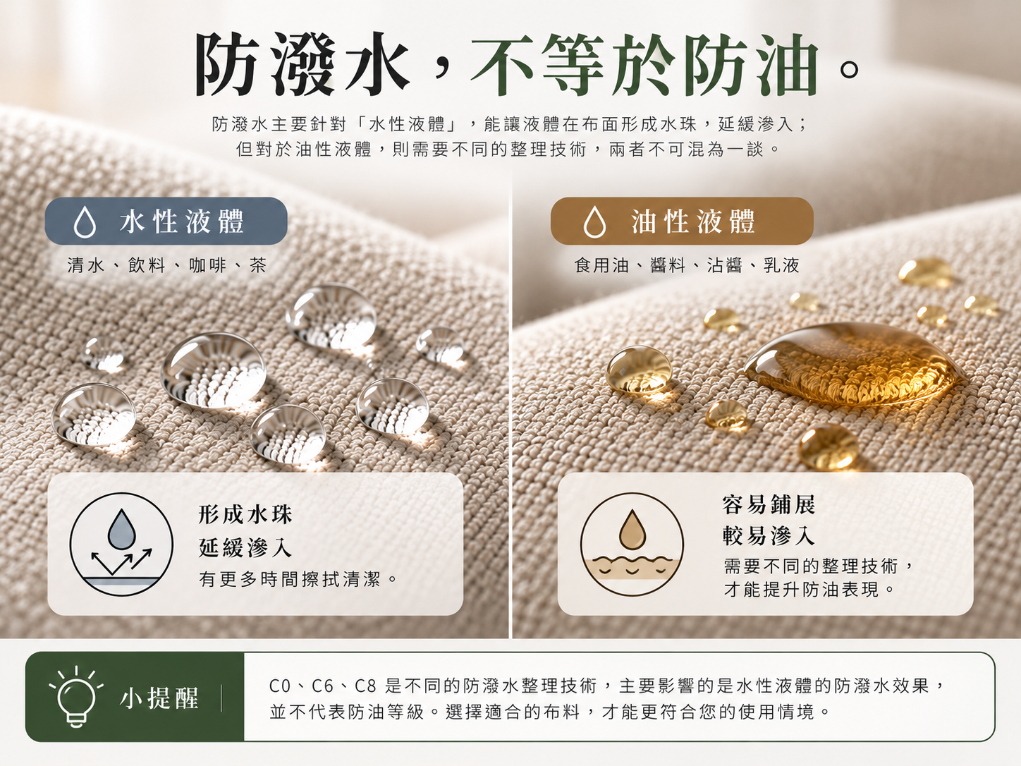 C0 非氟系防潑水與防油差異,說明水性液體和油性液體的不同表現。