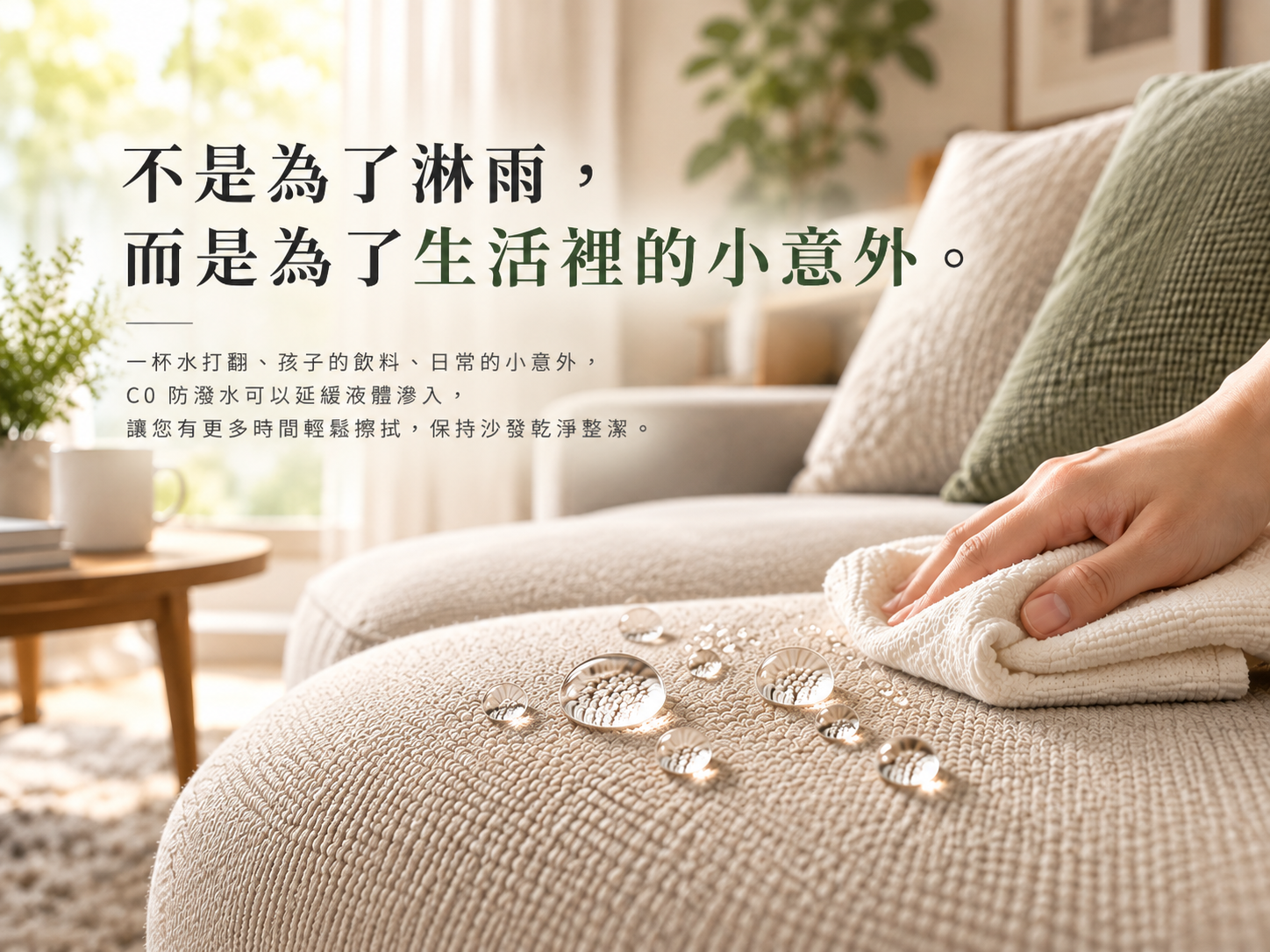 C0 防潑水家具布料在居家沙發的應用,延緩日常水性液體滲入。