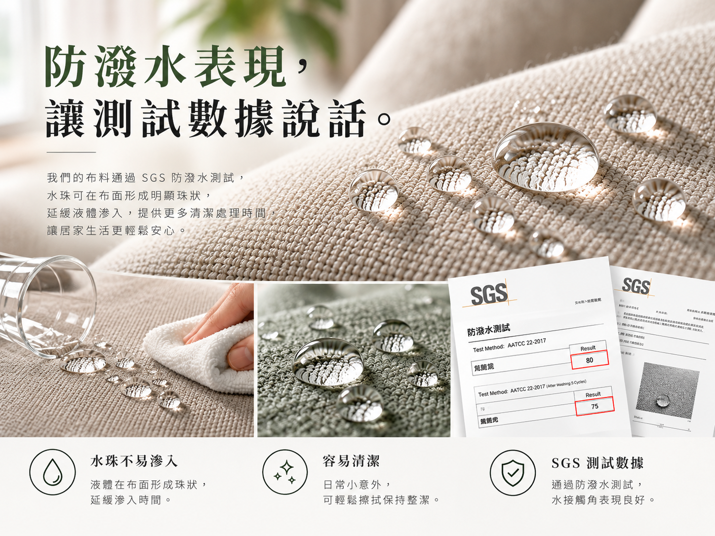 家具布料防潑水 SGS 測試示意,說明防潑水效果需依實際測試條件判讀。