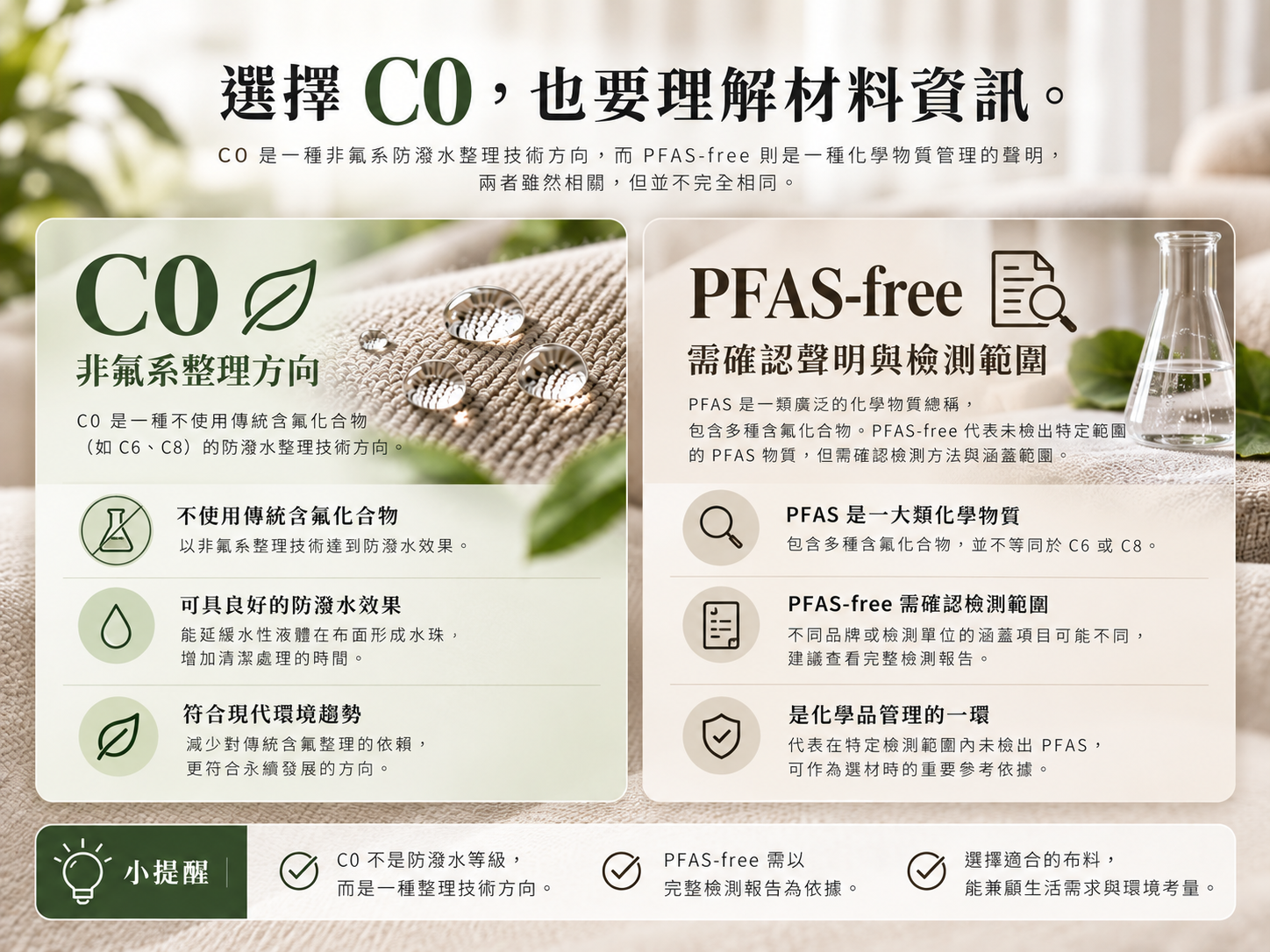 C0 防潑水與 PFAS-free 的關係,說明非氟系整理及化學檢測的重要性。